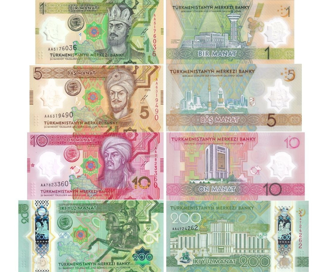 Turkmenistan Set 4 UNC 1 5 10 200 Manat 2025 / 2026 POLYMER Peace & Trust P new
