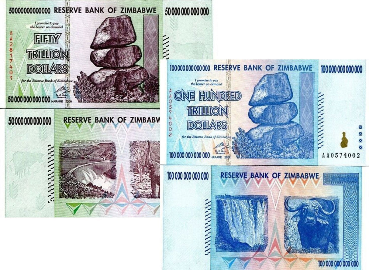 Zimbabwe SET 2 UNC 50 100 Trillion Dollars 2008 P 90 P 91 NEW