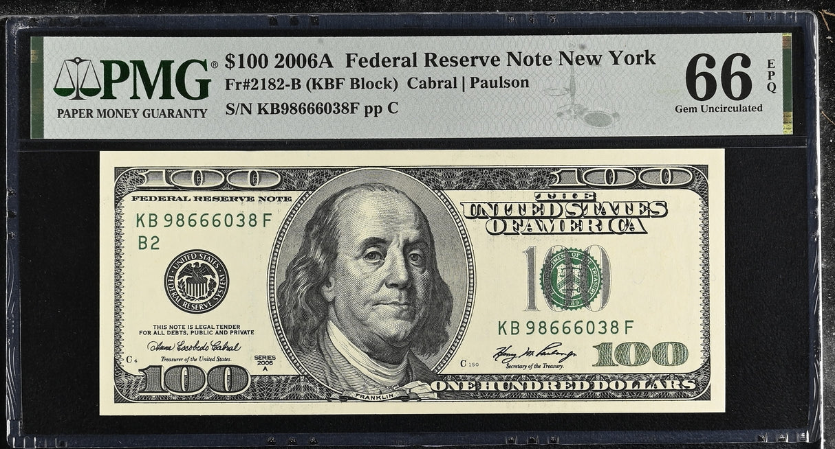 United States 100 Dollars USA 2006A P 528 B New York Gem UNC PMG 66 EPQ