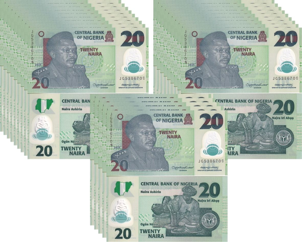 Nigeria 20 Naira 2025 P 34 Polymer UNC LOT 25 PCS 1/4 BUNDLE