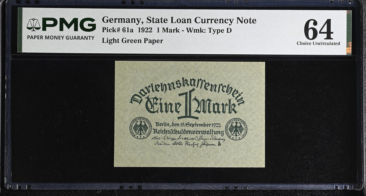 Germany 1 Mark 1922 P 61 a Choice UNC PMG 64  ,State Loan Currency Note