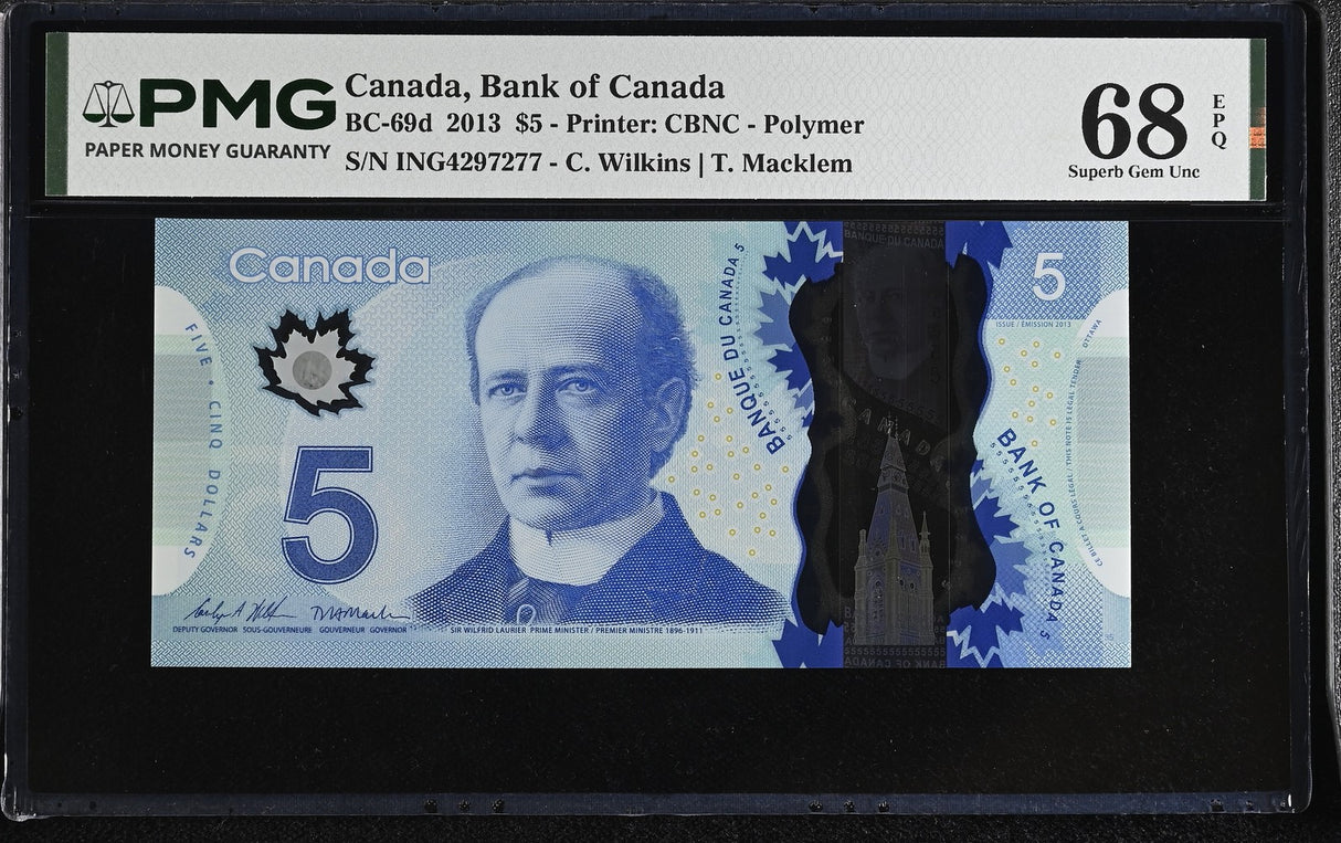 Canada 5 Dollars 2013 P 106 d Polymer Wilkins Macklem Superb Gem UNC PMG 68 EPQ