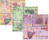 Burundi SET 3 UNC 500 1000 2000 Francs 2018-2021 P 50 51 52