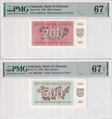 Lithuania Set 2; 200 500 Talonas 1992 P 43 P 44 Superb Gem UNC PMG 67 EPQ