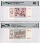 Lithuania Set 2; 200 500 Talonu 1993 P 45 P 46 Superb Gem UNC PMG 67 EPQ