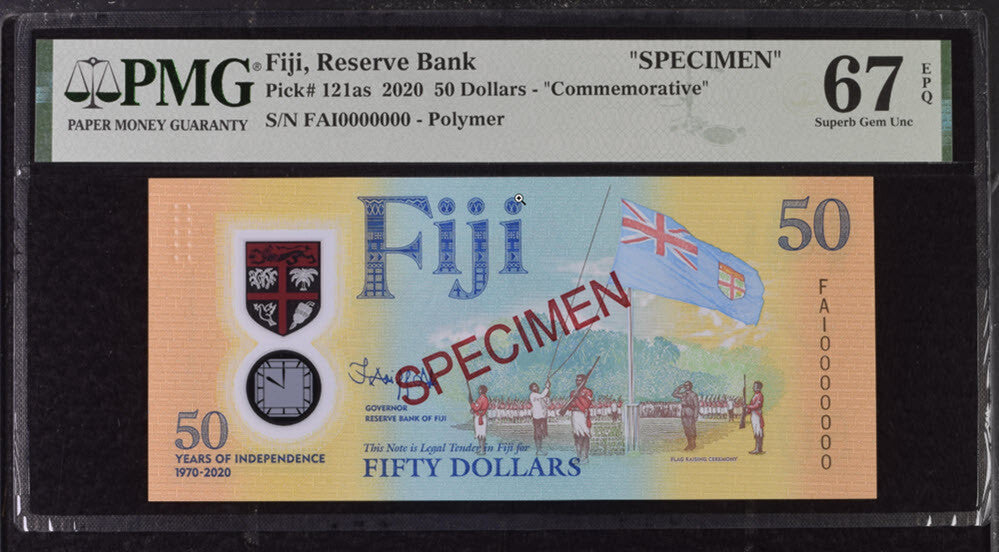 Fiji 50 Dollars 2020 P 121 as SPECIMEN Superb Gem UNC PMG 67 EPQ
