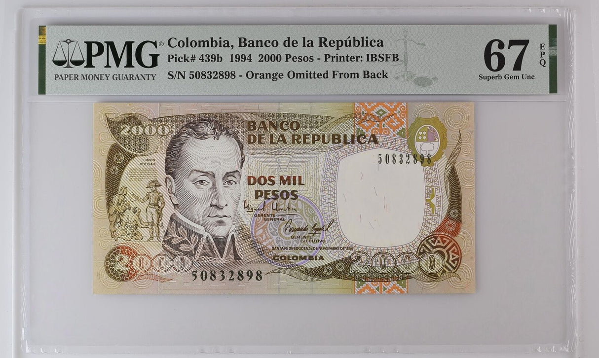 Colombia 2000 Pesos 1994 P 439 b Superb Gem UNC PMG 67 EPQ