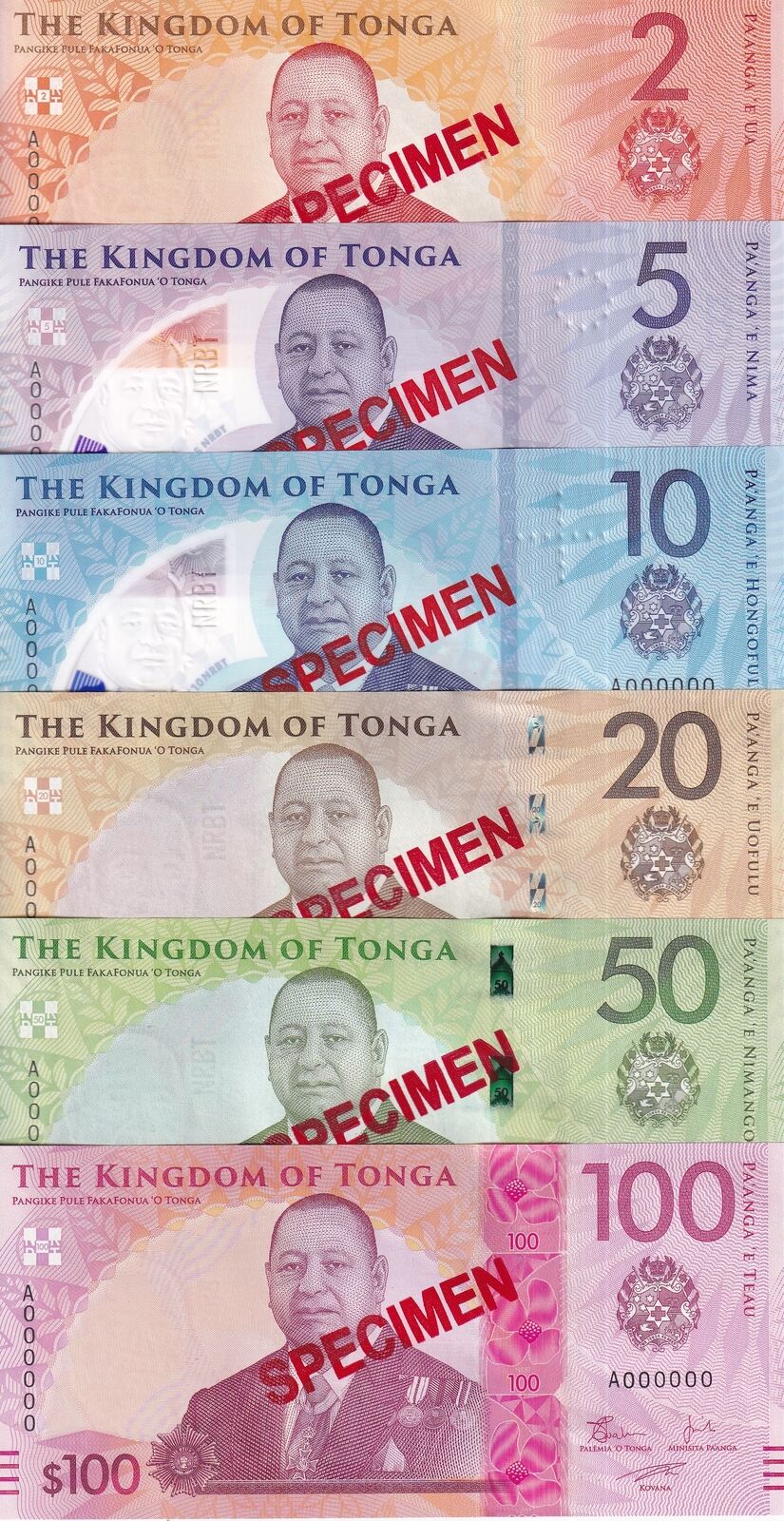 Tonga Set 6 UNC 2 20 50 100 (5 10 Polymer) Pananga 2023 2024 P 50 51-55 SPECIMEN