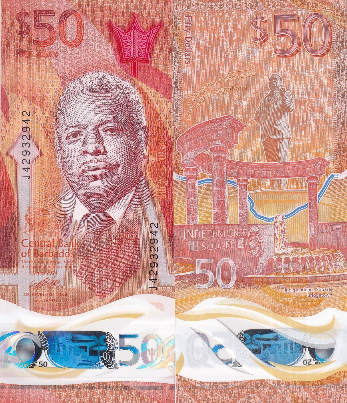 Barbados 50 Dollars 2024 Polymer P 84 UNC Independence Square, Bridgetown