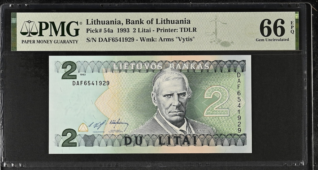 Lithuania 2 Litai 1993 P 54 a Gem UNC PMG 66 EPQ , GRADED NOTE, TDLR