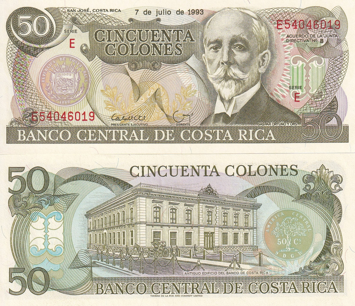 Costa Rica 50 Colones 1993 Series E 8 P 257 a UNC ,San Jose , TDLR
