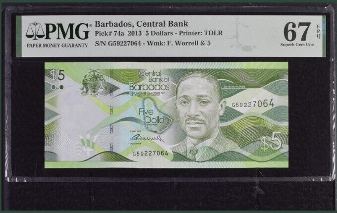 Barbados 5 Dollars 2013 P 74 a Superb Gem UNC PMG 67 EPQ