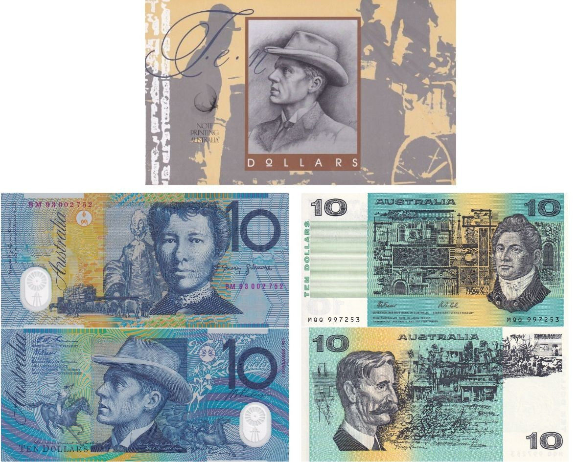 Australia SET 2 UNC 10 Dollars ND 1974-1993 PAPER Polymer P 45 52 Red W/Folder