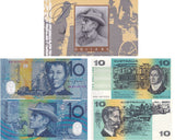 Australia SET 2 UNC 10 Dollars ND 1974-1993 PAPER Polymer P 45 52 Red W/Folder