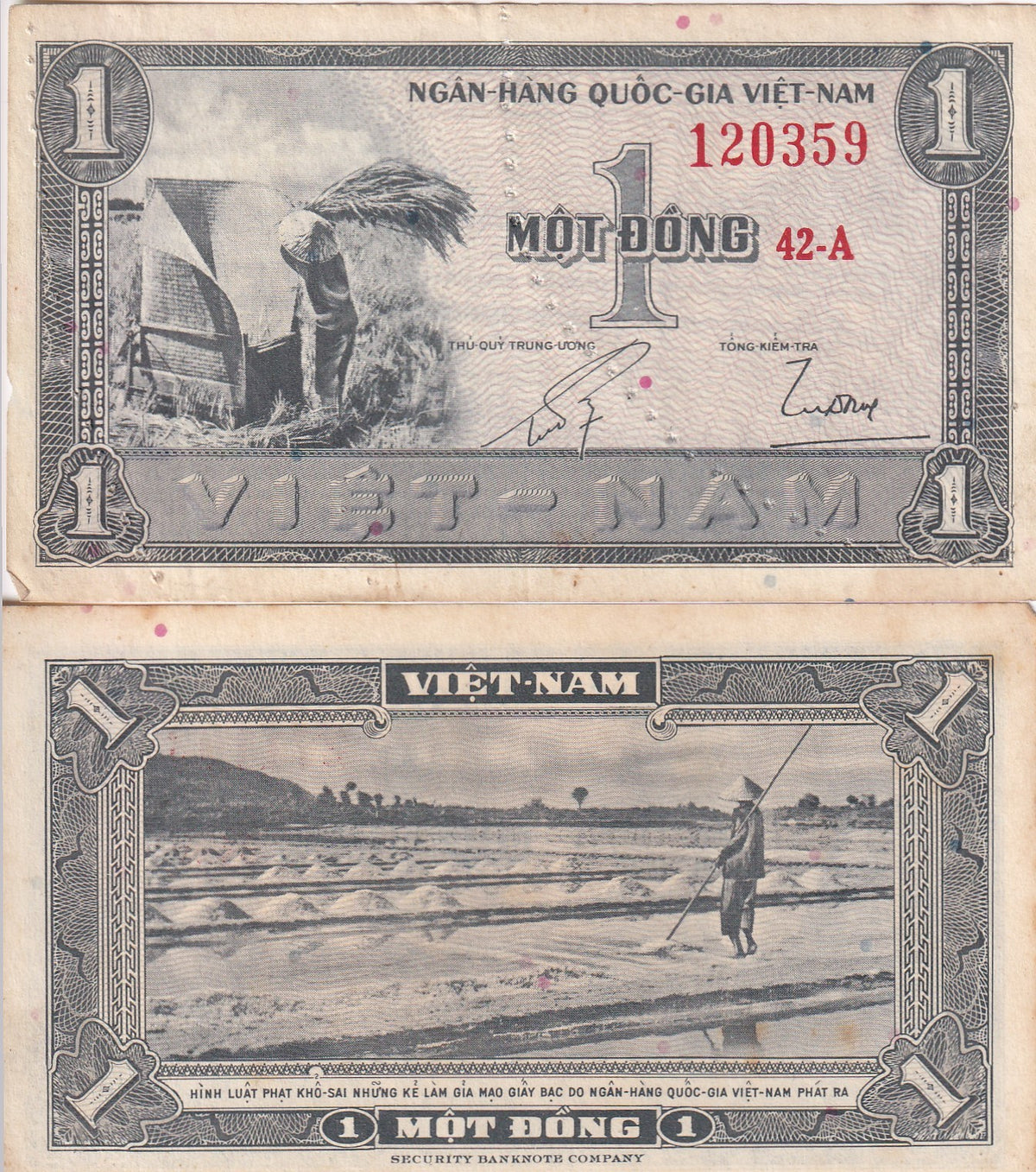 South Vietnam 1 Dong 1955 P 11 AUnc ,Threshing grain, Rice paddies
