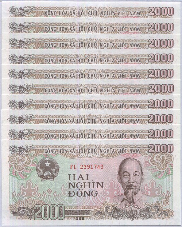 Vietnam 2000 Dong 1988 P 107 UNC LOT 10 PCS 1/10 BUNDLE