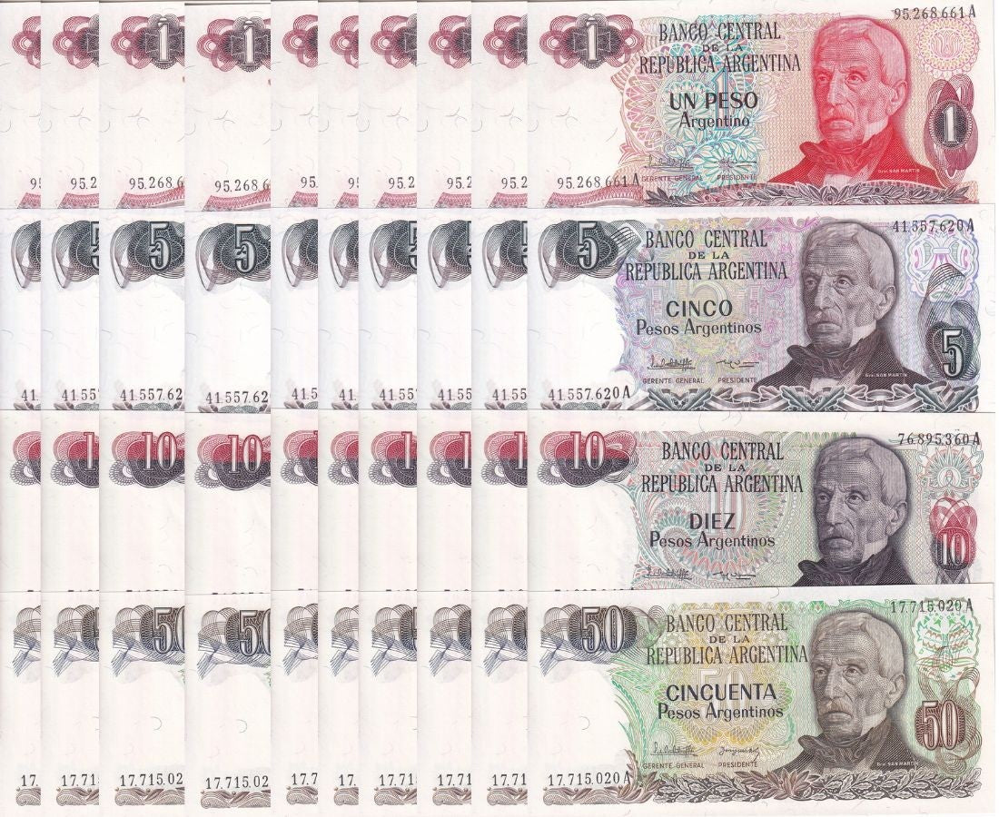 Argentina Set 4 X LOT 10 = 40 UNC 1 5 10 50 Pesos Nd 1983 P 311 312 313 314
