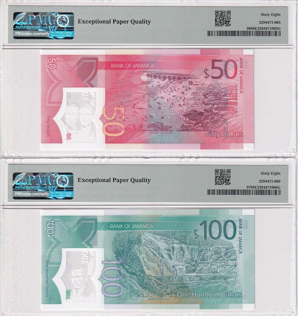 Jamaica Set 2; 50 10 Dollars 2022 P 96 P 97 Superb Gem UNC PMG 68 EPQ