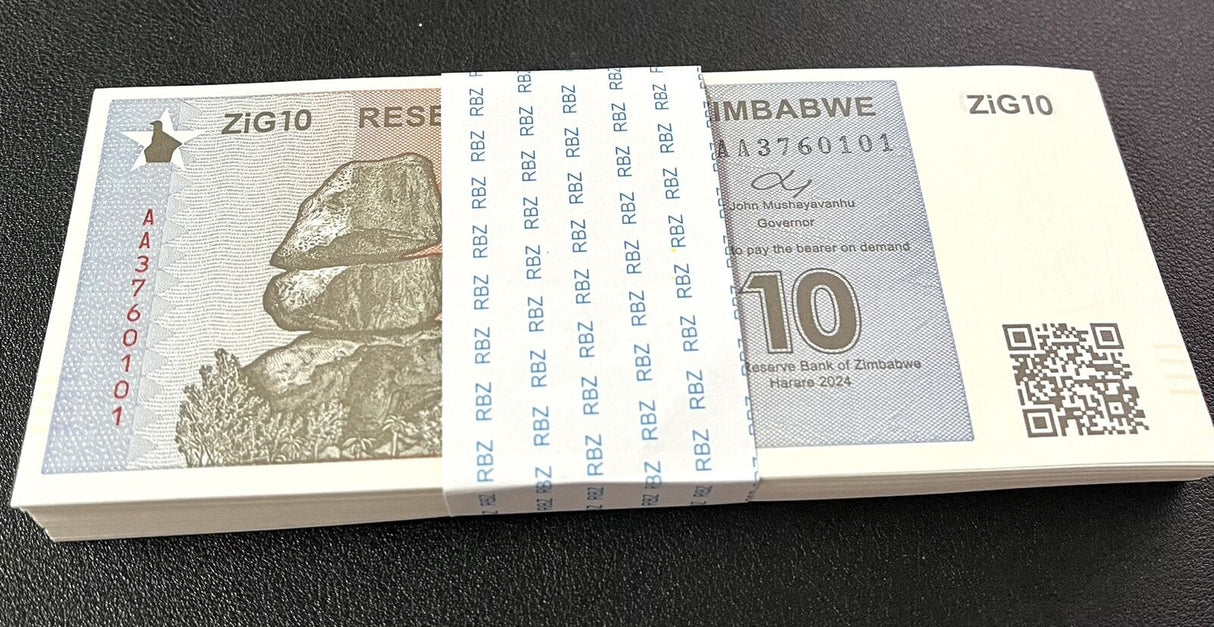 Zimbabwe 10 ZiG 2024 P 110 Gold Reserve Backed w/QR Lot 100 UNC 1 BUNDLE