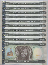 Eritrea 10 Nakfa 1997 P 3 UNC Lot 10 Pcs, Women Dogali River railroad viaduct