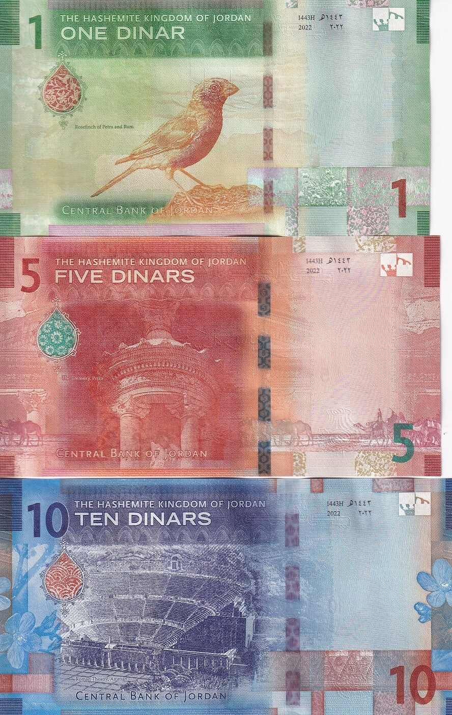 Jordan set 3 Pcs 1 5 10 Dinars 2022 / 2023 P New Design P 39 40 41 UNC