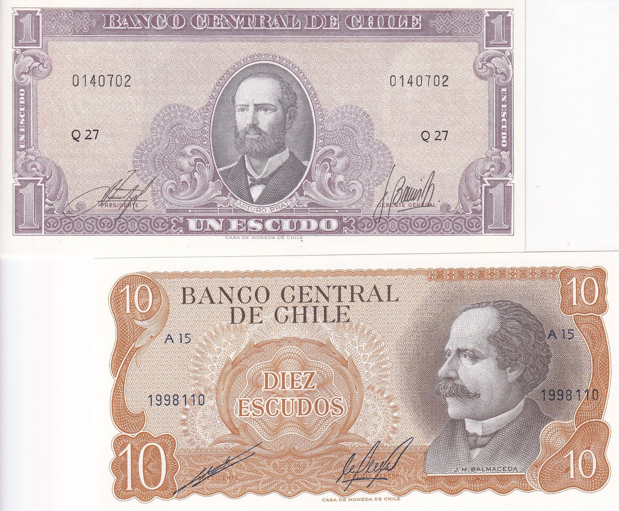 Chile Set 2 PCS 1 10 Escudo ND 1964-1965 P 136 P 143 UNC