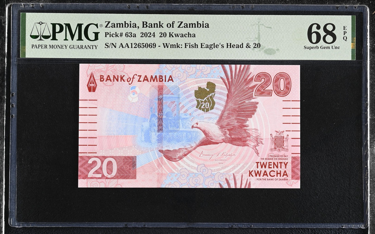 Zambia 20 Kwacha 2024 P 63 a AA Prefix Superb Gem UNC PMG 68 EPQ TOP POP