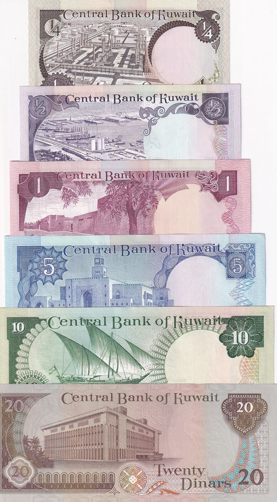 Kuwait Set 6 PCS 1/4 1/2 1 5 10 20 Dinars 1968 ND 1990 P 11-13 14 15 P 16 AU-UNC
