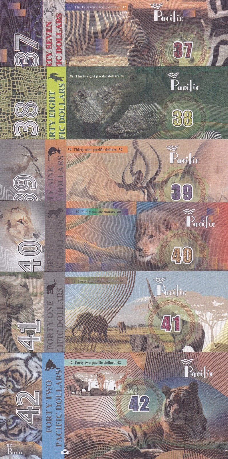 Pacific Ocean set 6 37 38 39 40 41 42 Dollars 2019 Fantasy Zeebra Tiger Elephant