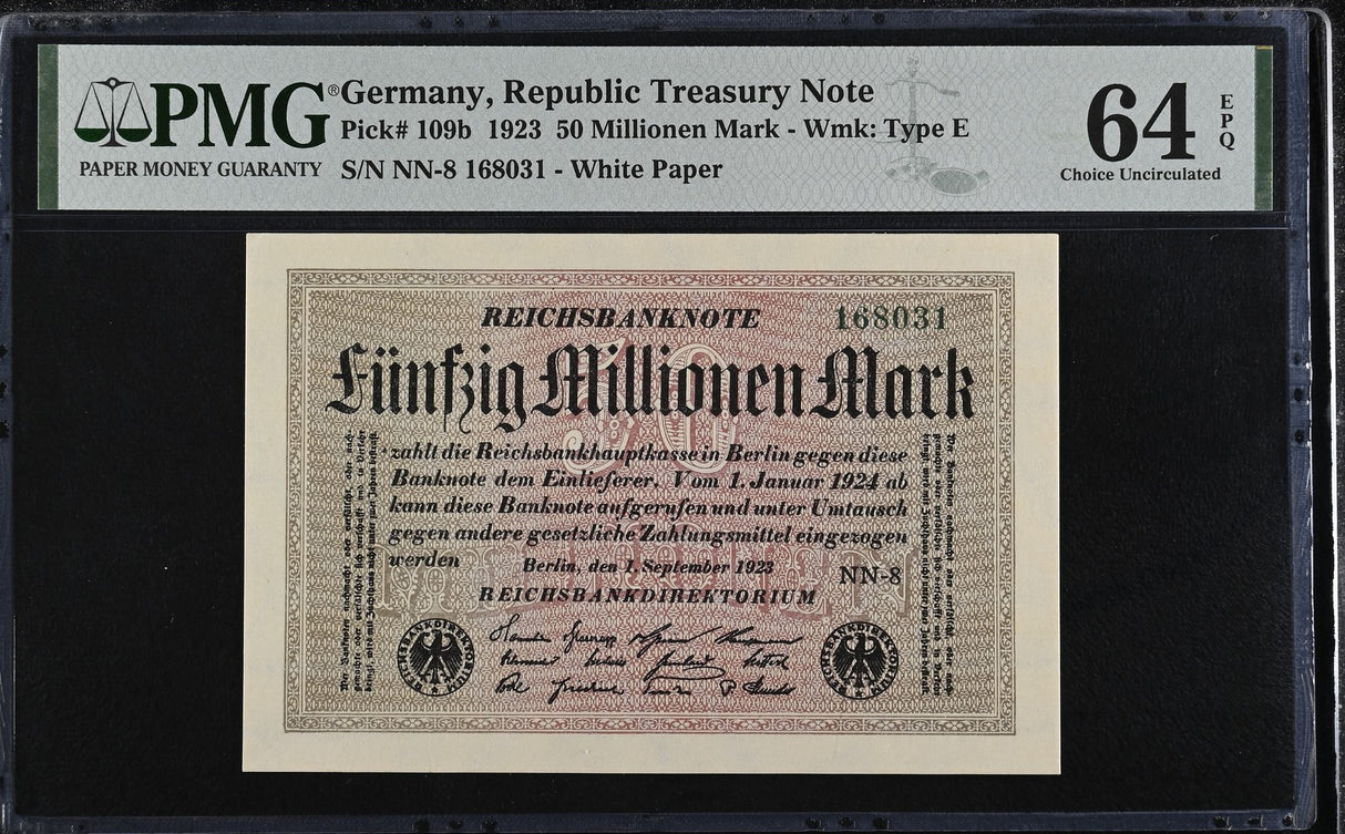 Germany 50 Millionen Mark Republic Treasury 1923 P 109 b Choice UNC PMG 64 EPQ