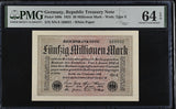 Germany 50 Millionen Mark Republic Treasury 1923 P 109 b Choice UNC PMG 64 EPQ