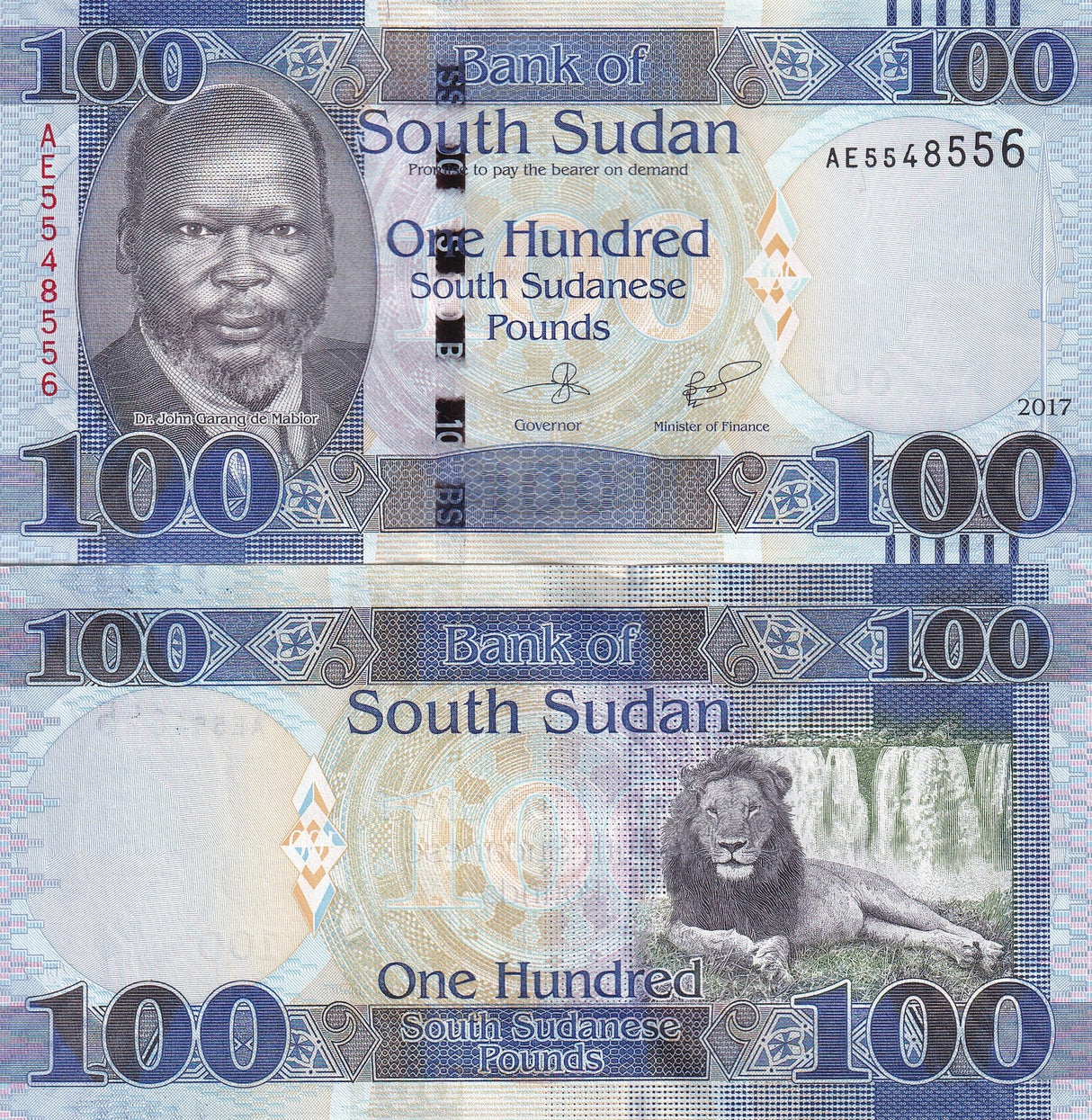South Sudan 100 Pounds 2017 P 15 c UNC Lion Waterfall Dr. John Garang de Mabior