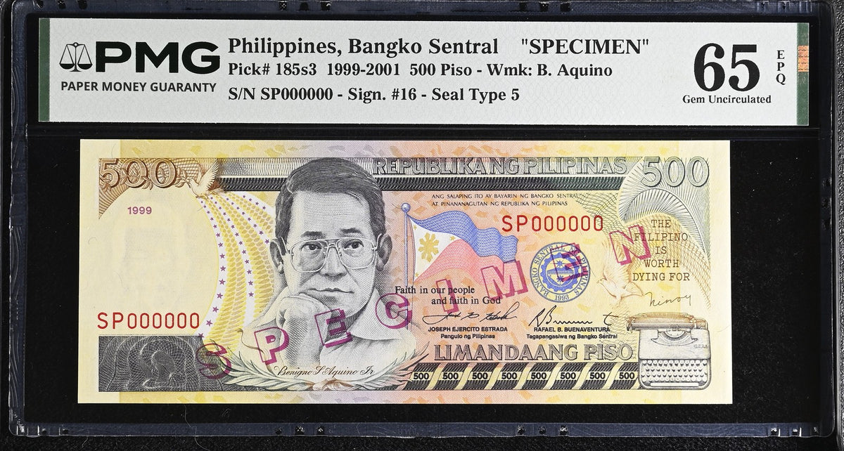 Philippines 500 Piso 1999 P 185s3 SPECIMEN Gem UNC PMG 65 EPQ