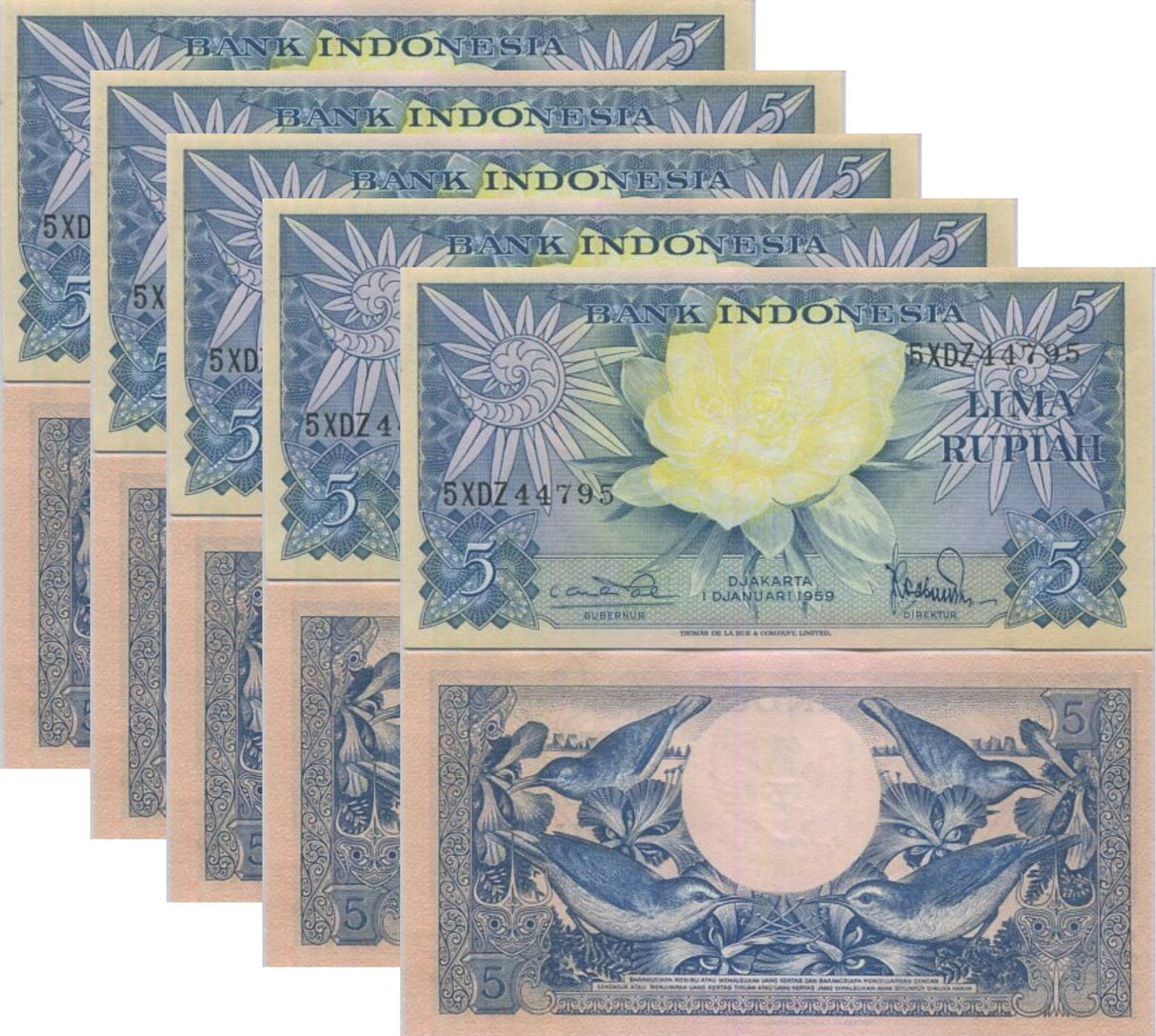 Indonesia 5 Rupiah 1959 P 65 LOT 5 pcs UNC