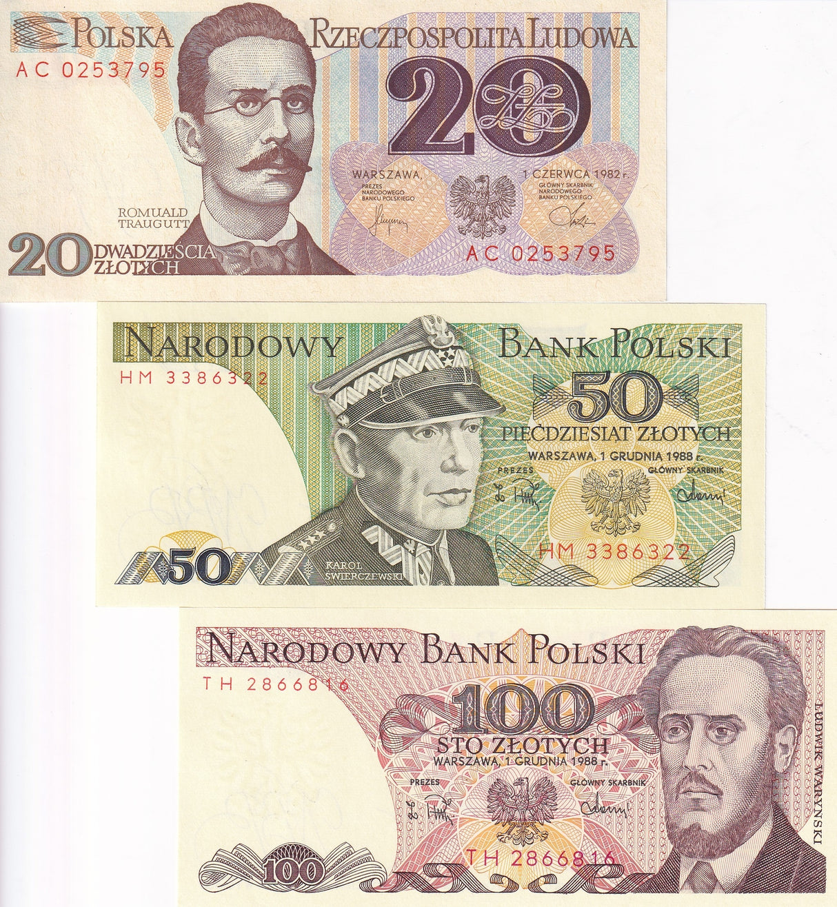 Poland Set 3 Pcs 20 50 100 Zlotlych Random Year P 142 143 149 UNC