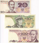Poland Set 3 Pcs 20 50 100 Zlotlych Random Year P 142 143 149 UNC