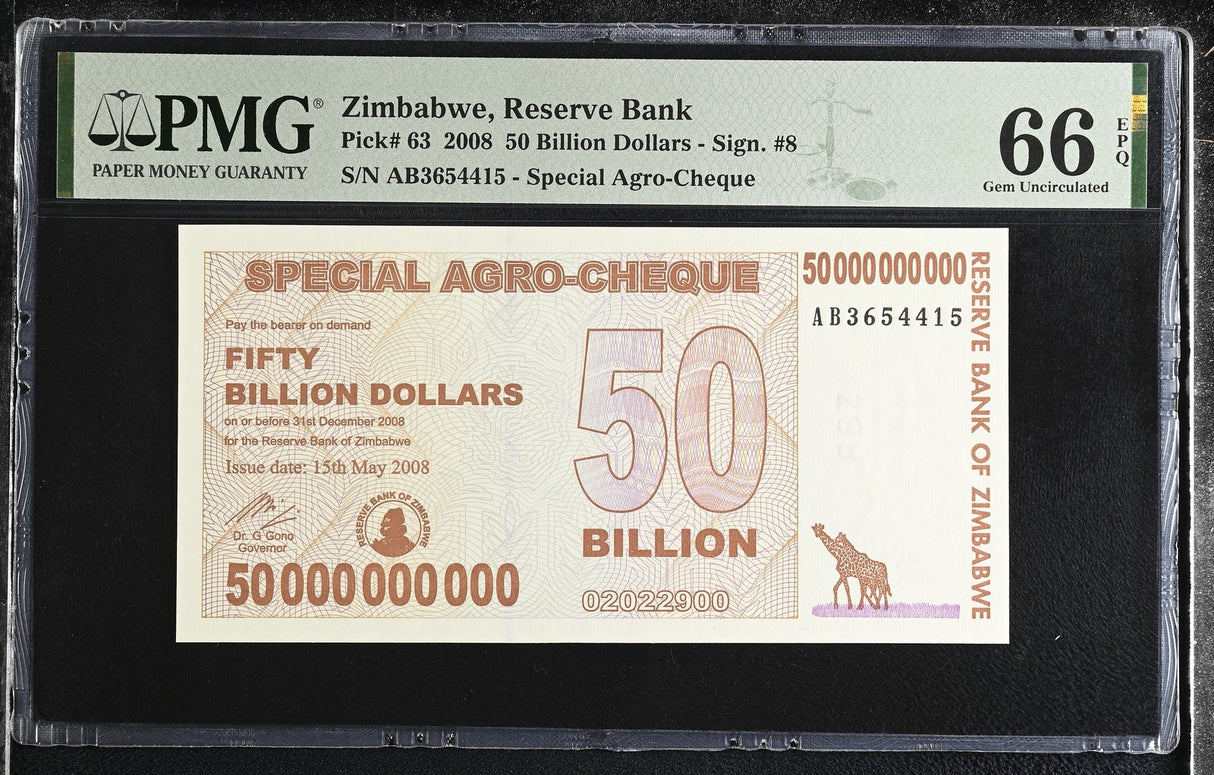 Zimbabwe 50 Billion Dollars 2008 P 63 GEM UNC PMG 66 EPQ