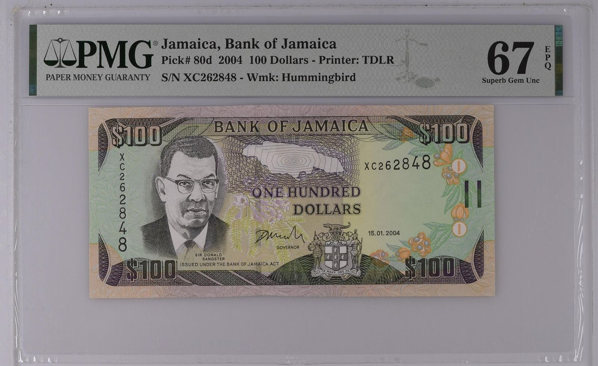 Jamaica 100 Dollars 2004 P 80 d Superb Gem UNC PMG 67 EPQ