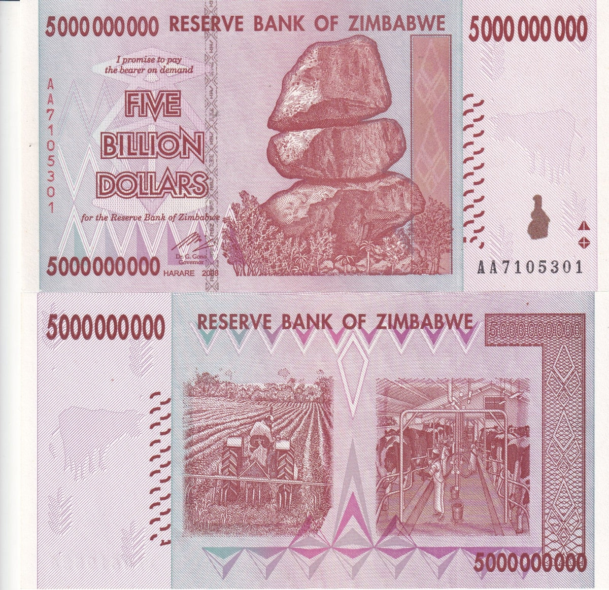 Zimbabwe 5 Billion Dollars 2008 P 84 Aunc, Tractor, cattle farming , AU