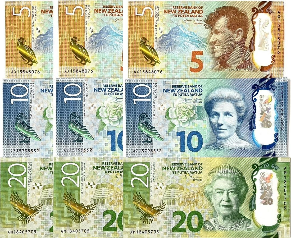 New Zealand Set 3 x LOT 3 = 9 UNC 5 10 20 Dollars 2015-2018 P 191 192 193