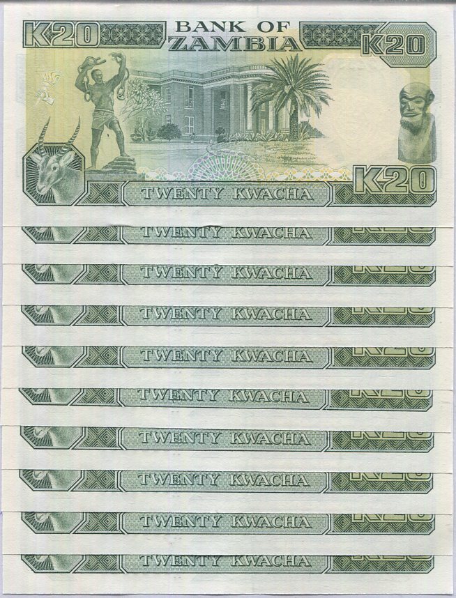 Zambia 20 Kwacha 1989/1991 P 32 b UNC LOT 10 PCS