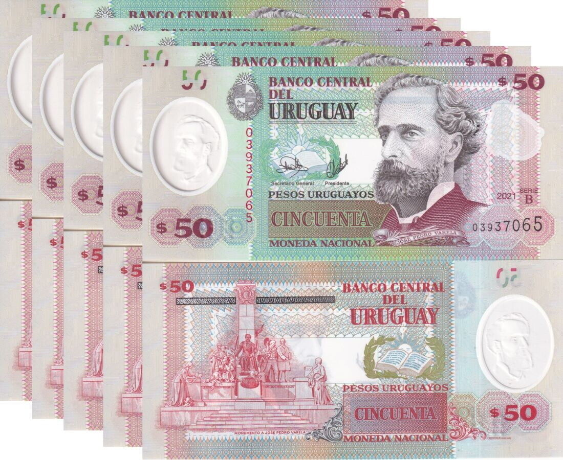 Uruguay 50 Pesos 2021 P 102 b Polymer New Date UNC LOT 5 PCS