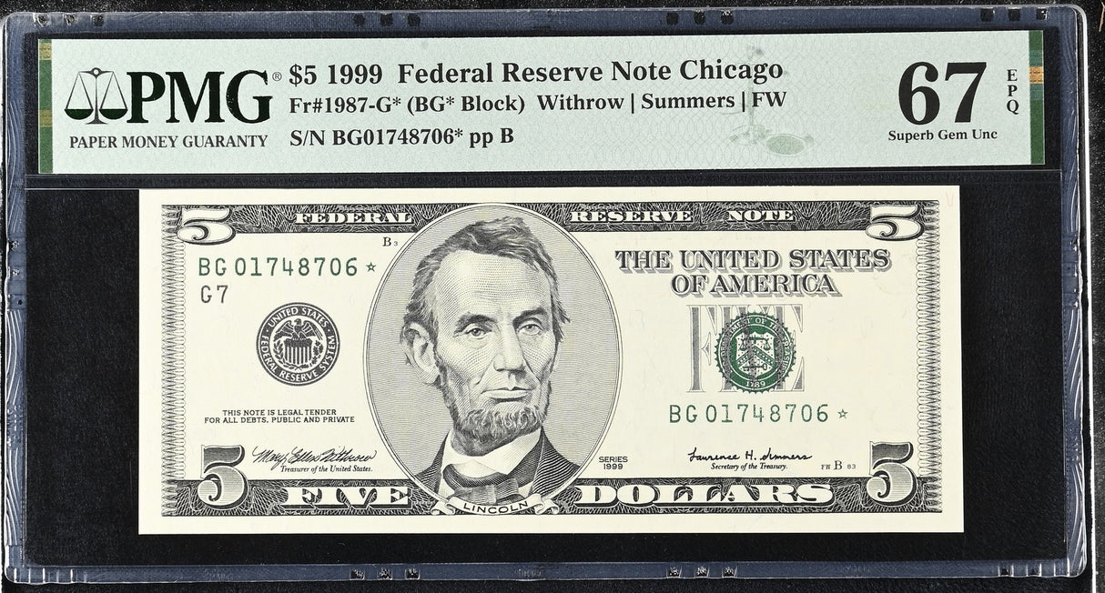 United States 5 Dollars Usa 1999 P 505* G Chicago Rep* Superb Gem UNC PMG 67 EPQ