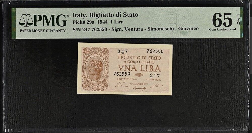 Italy Biglietto 1 Lira 1944 P 29 a Gem UNC PMG 65 EPQ