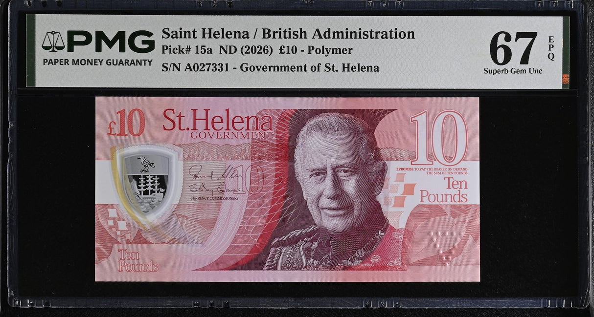 St. Helena 10 Pounds ND 2026 Polymer P 15 a Superb Gem UNC PMG 67 EPQ