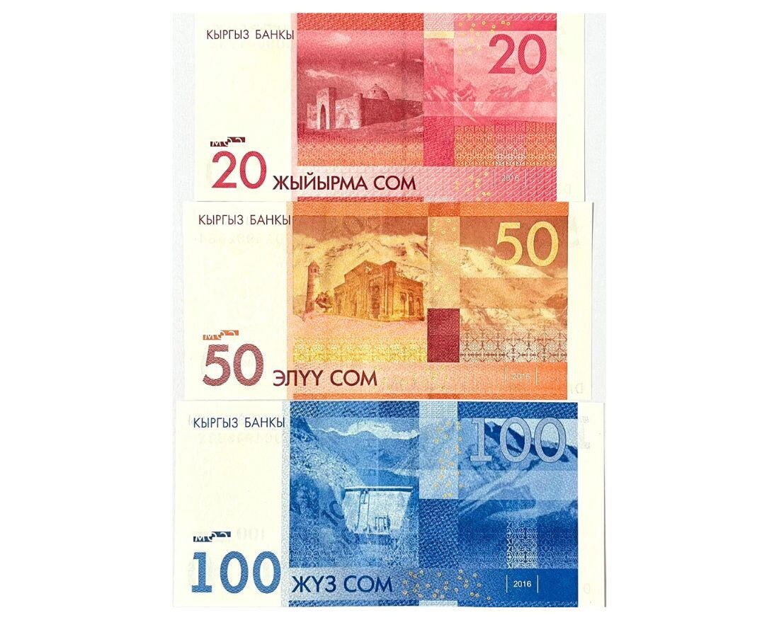 Kyrgyzstan Set 3 Pcs 20 50 100 SOM 2016 / 2018 P 24 25 26 UNC