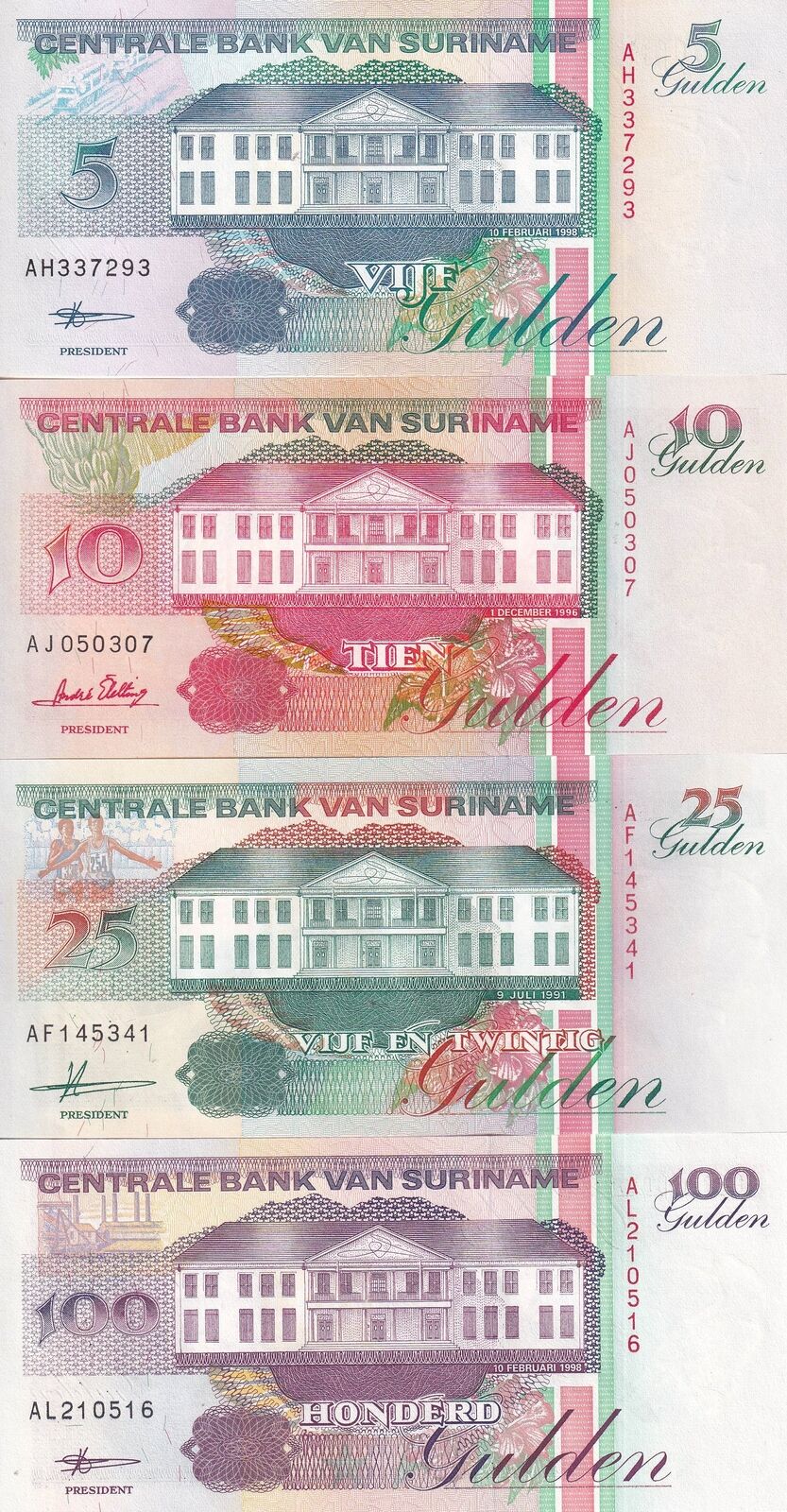 Suriname SET 4 UNC 5 10 25 100 Gulden Random Years P 136 137 138 139