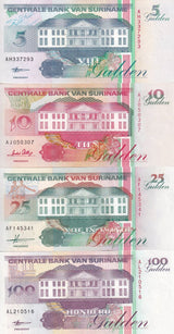 Suriname SET 4 UNC 5 10 25 100 Gulden Random Years P 136 137 138 139