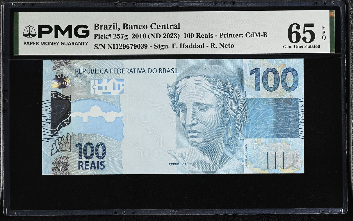 Brazil 100 Reais 2010 ND 2023 P 257 g Gem UNC PMG 65 EPQ