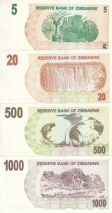 Zimbabwe SET 4 UNC 5 20 500 1000 Dollars 2006 P 38 40 43 44 Bearer Cheque
